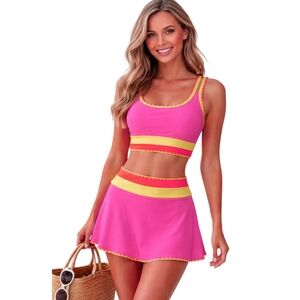 Popvil 3-Piece Tankini Bikini Skirt Set Pink Orange Yellow Size M